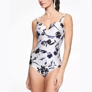 Athleta Aqualuxe White Floral Print Square Plunge One Piece Swimsuit M